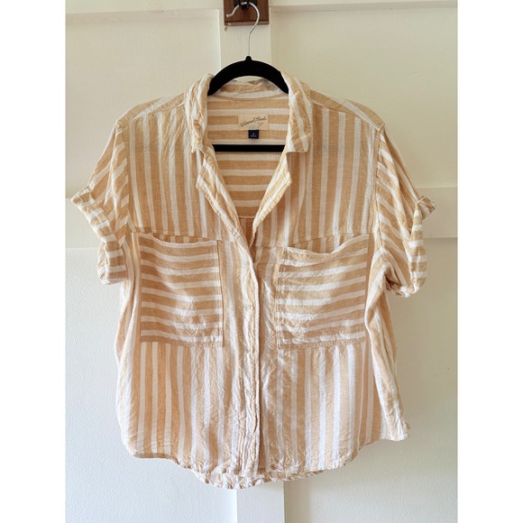 Universal Thread Tops - Universal Thread Womens Tan White Striped Linen Blend Button Down Shirt M